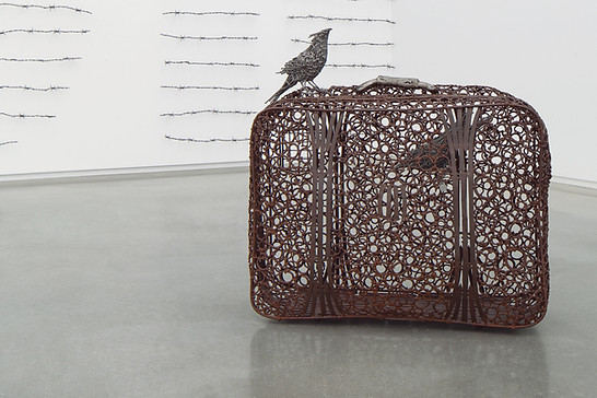 dream on, barbed wire, migration case, merican steel, bisbee, john, cmca, nails, art, sculpture, political art