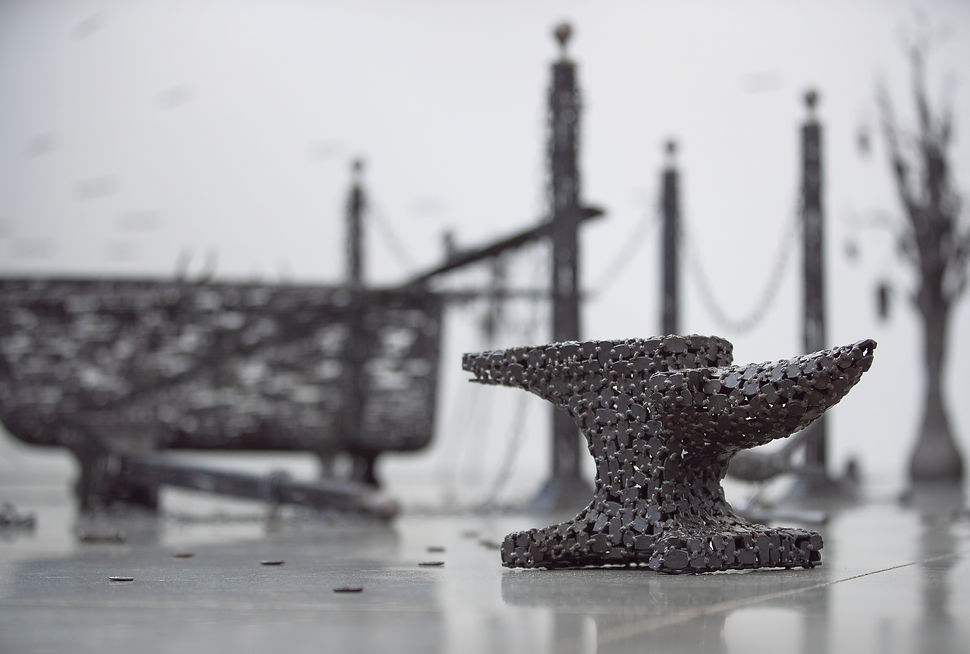 tubboat, bouqet, stool, pistol, grackle, chains, bear, american steel, bisbee, john, cmca, nails, art, sculpture, political art